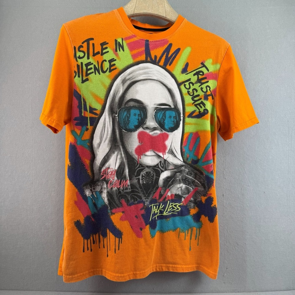FRPLY Mens‎ XL Orange Hustle In Silence Trust Issues Graphic Streetwear T-Shirt